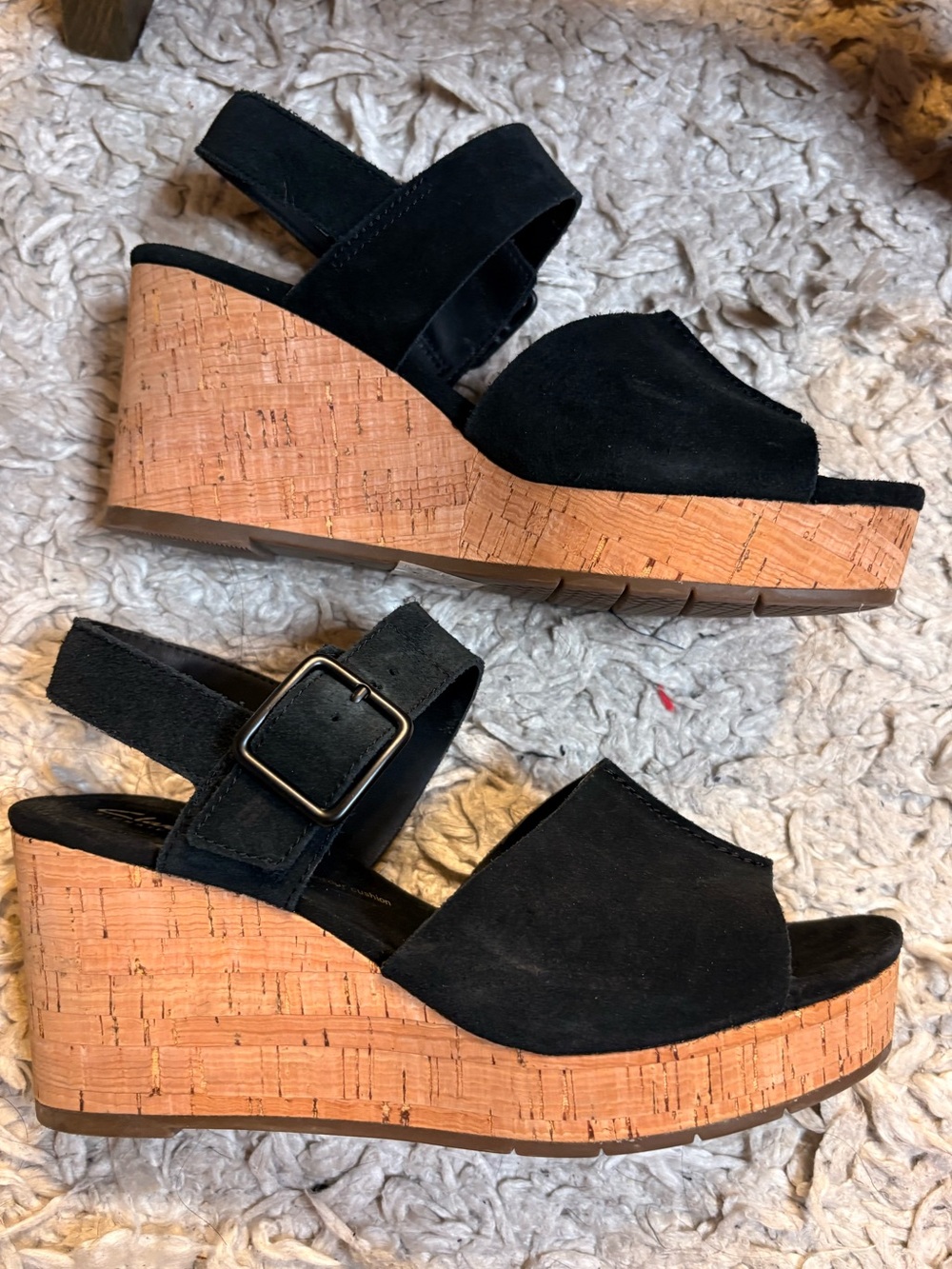 Clarks Black Suede Cork Wedge Sandals with Buckle